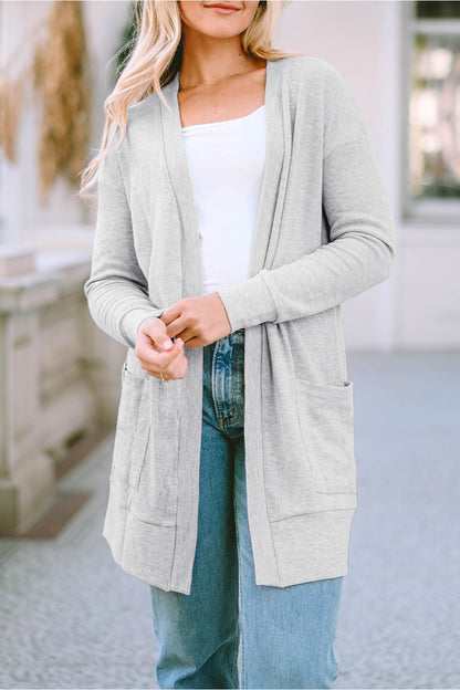 Pocketed Open Front Long Sleeve Cardigan - Cardigans - FITGGINS