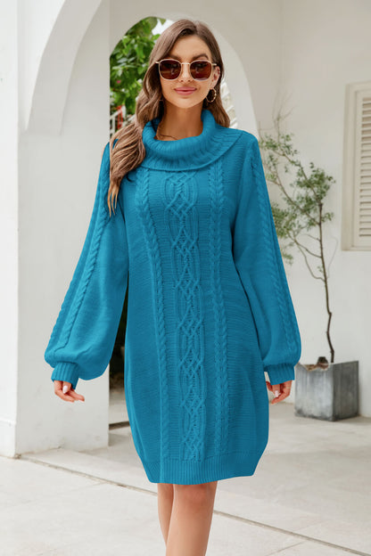 Woven Right Mixed Knit Turtleneck Lantern Sleeve Sweater Dress - Sweater Dresses - FITGGINS