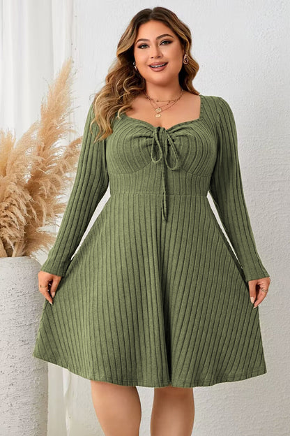 Honey Plus Size Sweetheart Neck Long Sleeve Ribbed Dress - Casual & Maxi Dresses - FITGGINS