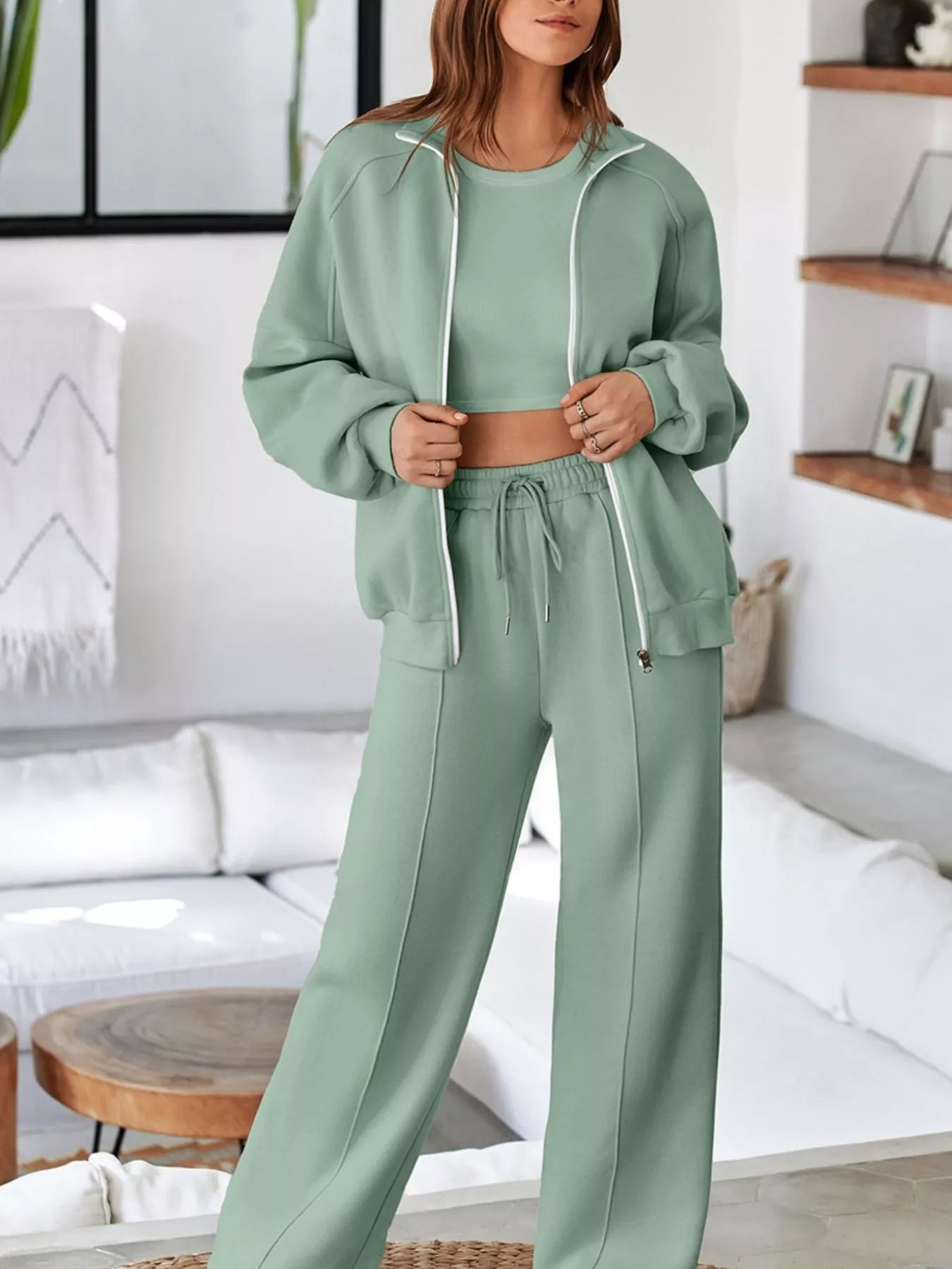 Drop Shoulder Zip Up Jacket and Drawstring Pants Active 2pcs Set Sage Fitggins