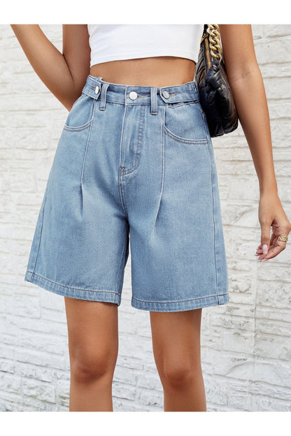 High Waist Denim Shorts with Pockets - Denim Shorts - FITGGINS