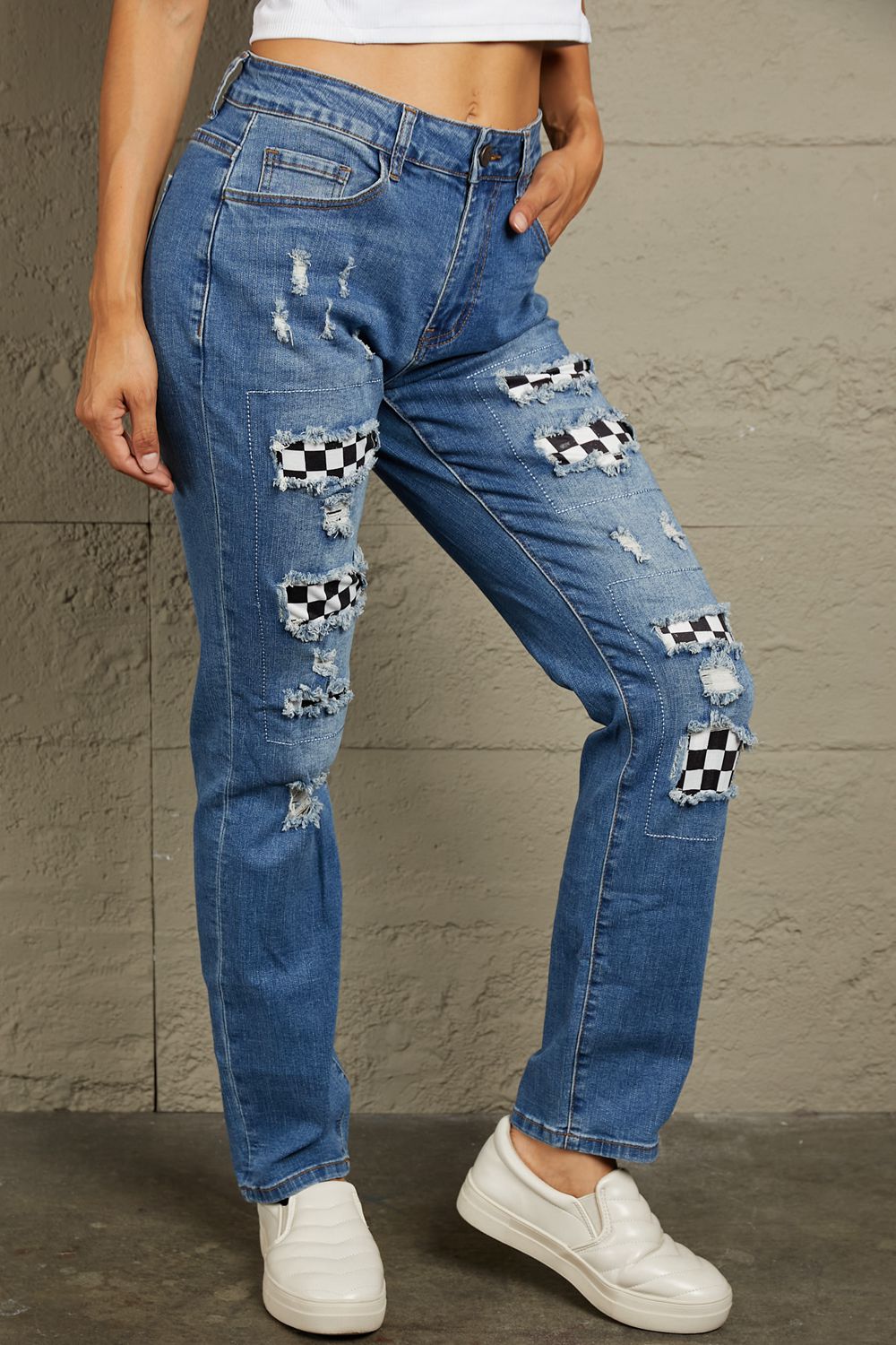 Baeful Checkered Patchwork Mid Waist Distressed Jeans - Jeans - FITGGINS