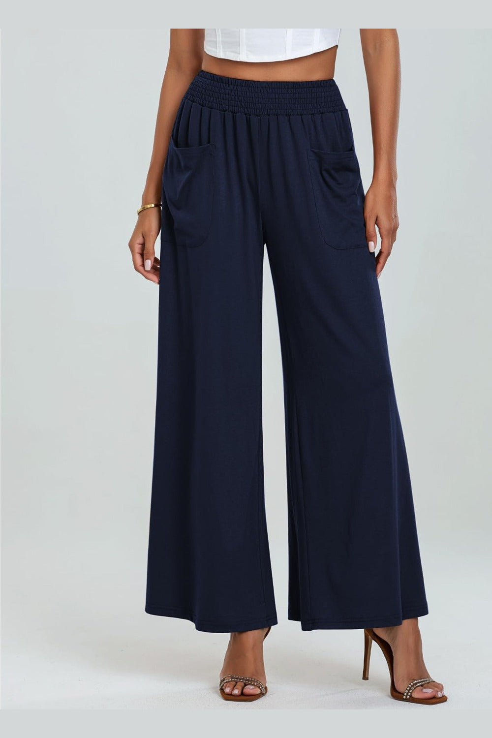 Pocketed Elastic Waist Wide Leg Pants - Pants - FITGGINS