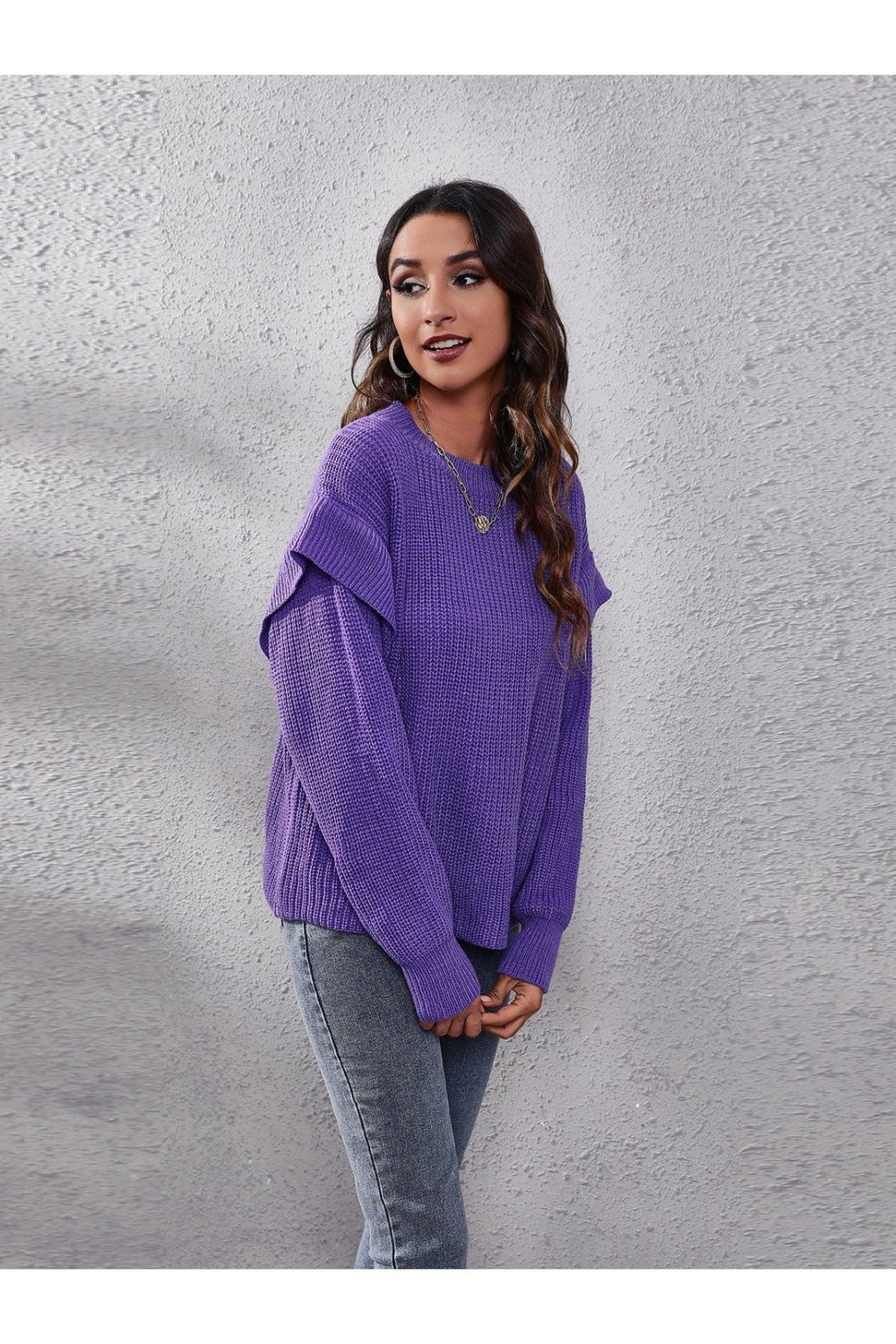 Ruffled Round Neck Dropped Shoulder Sweater - Pullover Sweaters - FITGGINS