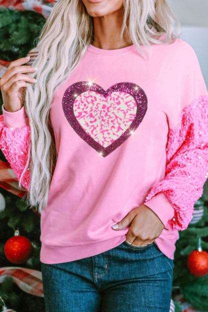 Valentine’s Day Sequin Heart Long Sleeve Sweatshirt - Sweatshirts & Hoodies - FITGGINS