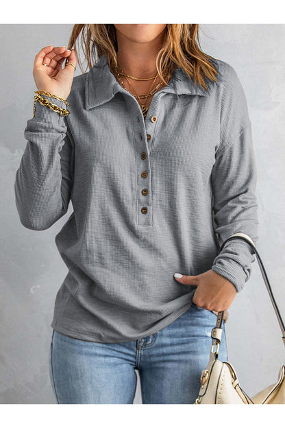 Collared Neck Half Button Top - Blouses - FITGGINS