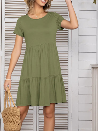 Round Neck Short Sleeve Mini Tee Dress Sage Fitggins