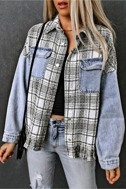 Plaid Pocketed Snap Down Denim Jacket - Denim Jackets - FITGGINS