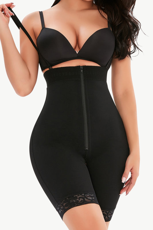 Full Size Lace Detail Zip-Up Under-Bust Shaping Bodysuit Black Fitggins