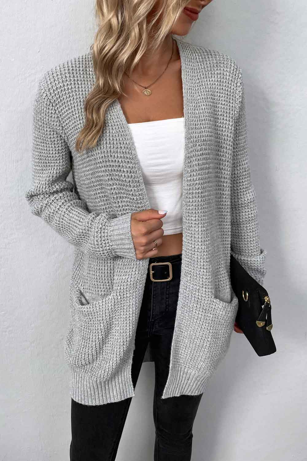 Rib-Knit Open Front Pocketed Cardigan Fitggins
