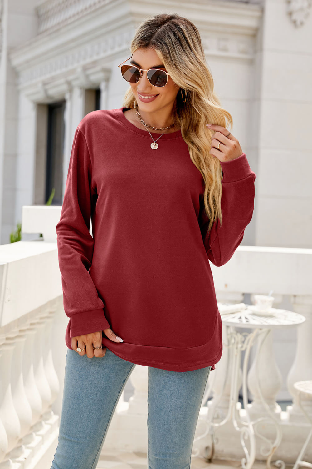 Round Neck Slit Tunic Top - T-Shirts - FITGGINS