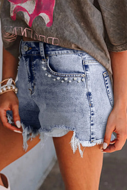 Pearl Studded Pockets Raw Hem Denim Shorts Fitggins
