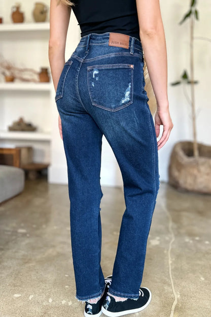 Judy Blue Full Size High Waist Rigid Magic Heavy Destroy Straight Jeans Fitggins