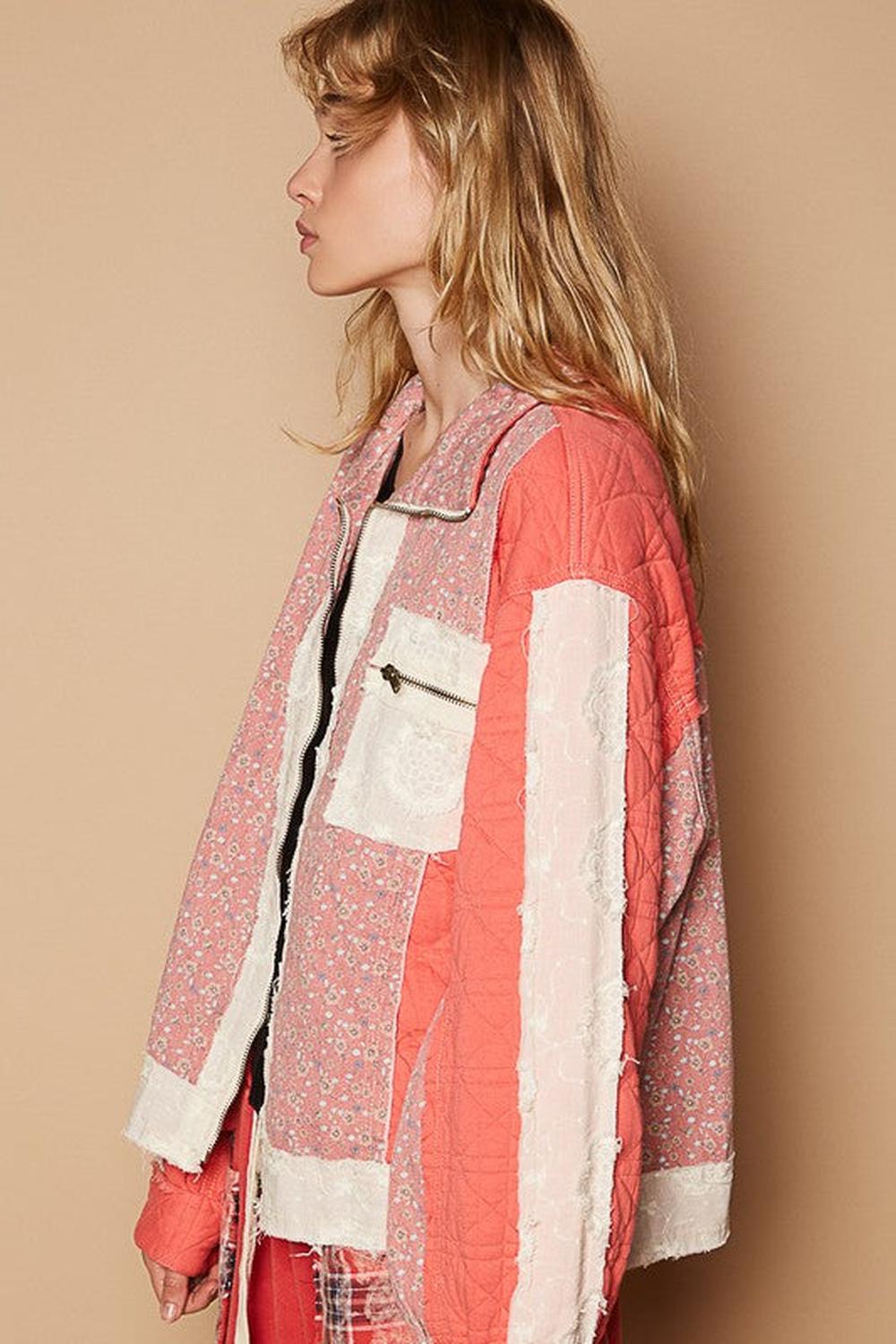 POL Floral Patchwork Zip Up Long Sleeve Jacket - Jackets - FITGGINS