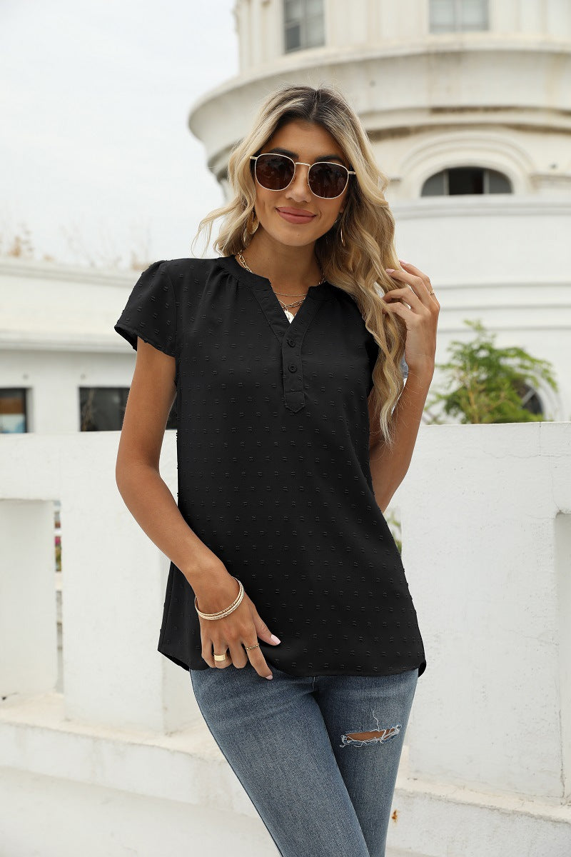 Swiss Dot Notched Neck Short Sleeve Top Black Fitggins