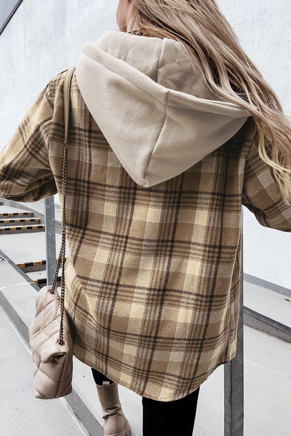 Plaid Button Up Long Sleeve Hooded Jacket - Jackets - FITGGINS