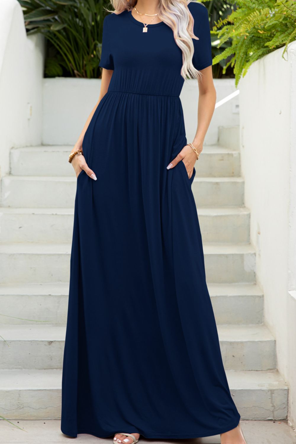 Round Neck Maxi Tee Dress with Pockets Navy Fitggins