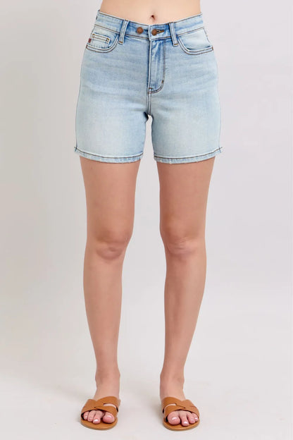 Judy Blue Full Size 2-Button Denim Shorts with Pockets — Plus Size Light Fitggins