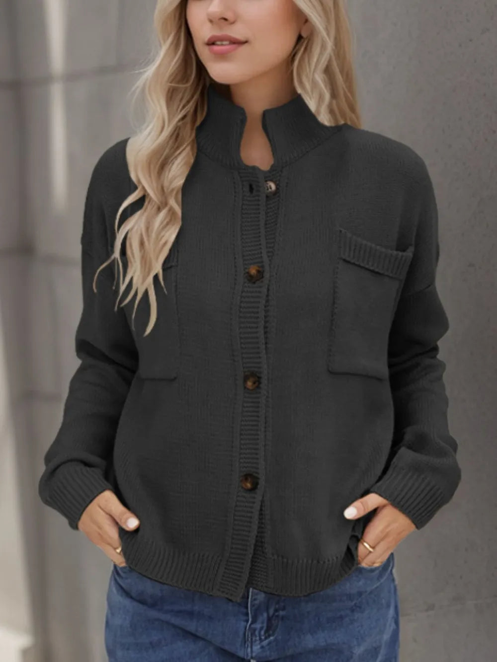 Button Up Long Sleeve Cardigan Black Fitggins