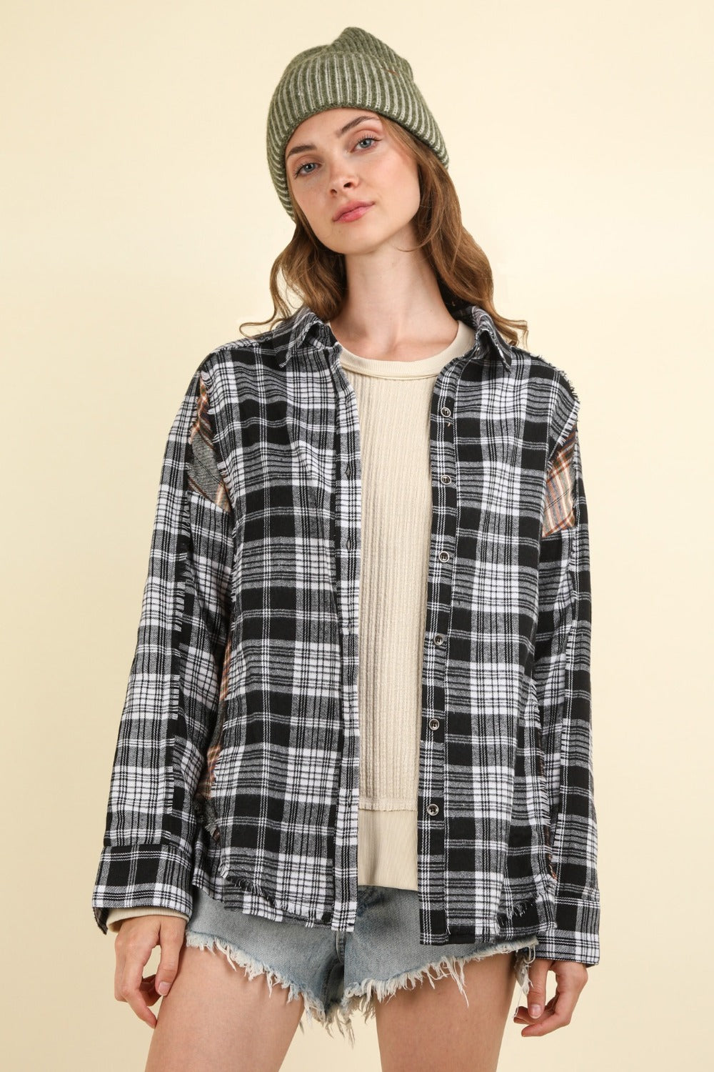 VERY J Contrast Plaid Raw Detail Shirt - Shirts - FITGGINS