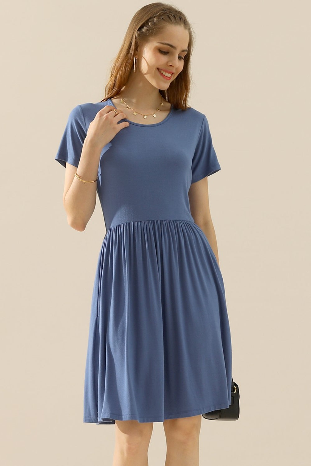 Ninexis Full Size Round Neck Ruched Dress with Pockets - Cocktail Dresses - FITGGINS