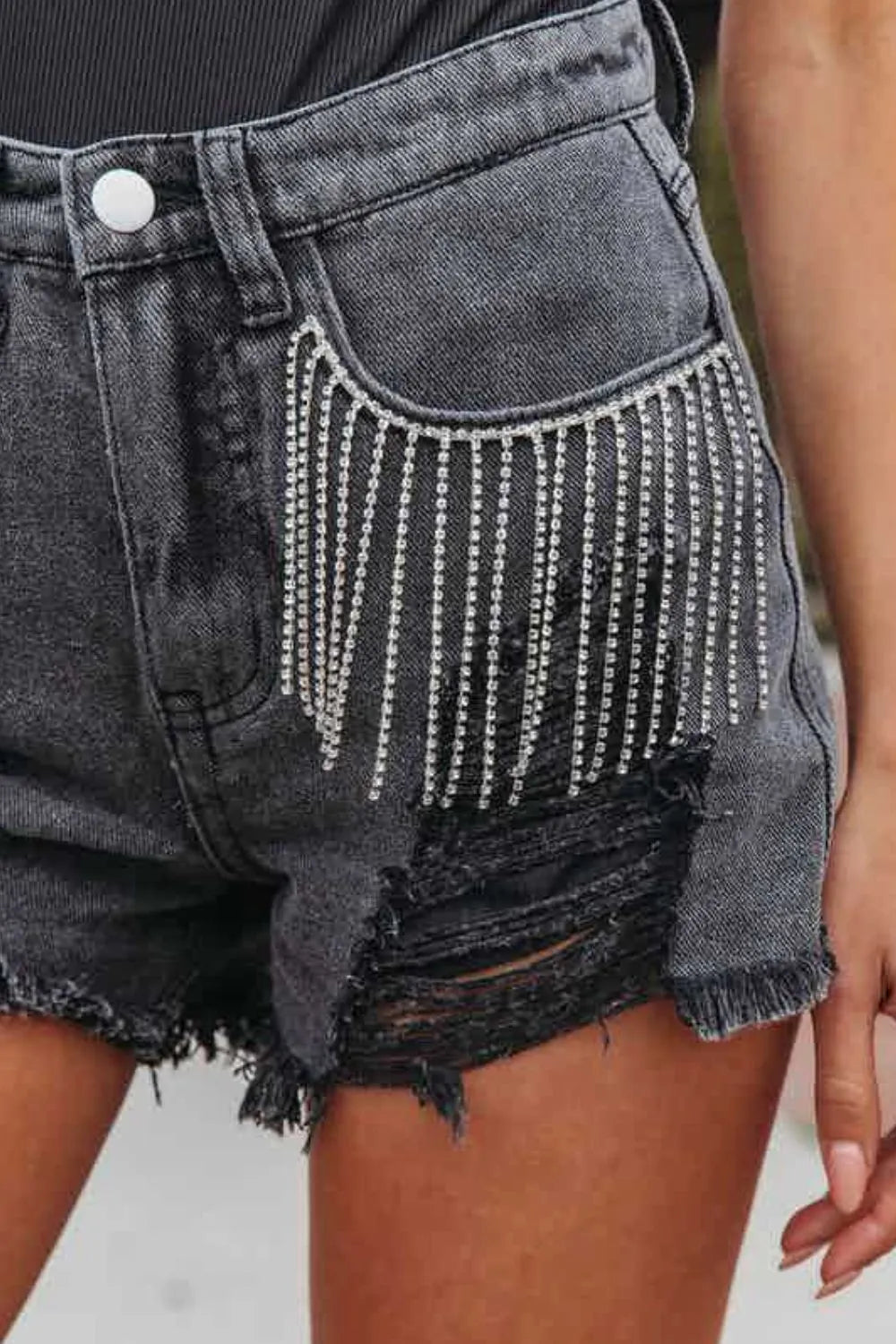 Rhinestone Fringe Distressed Denim Shorts Fitggins