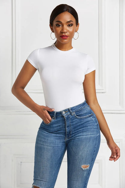 Round Neck Short Sleeve Bodysuit White Fitggins