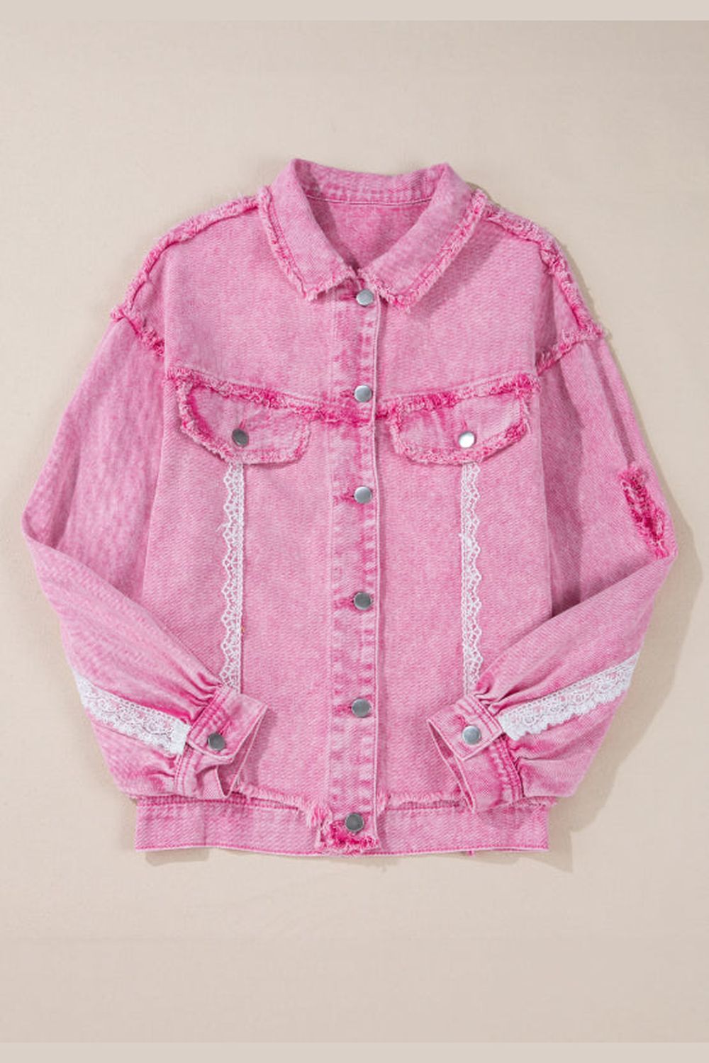 Lace Detail Distressed Button Up Denim Jacket - Denim Jackets - FITGGINS