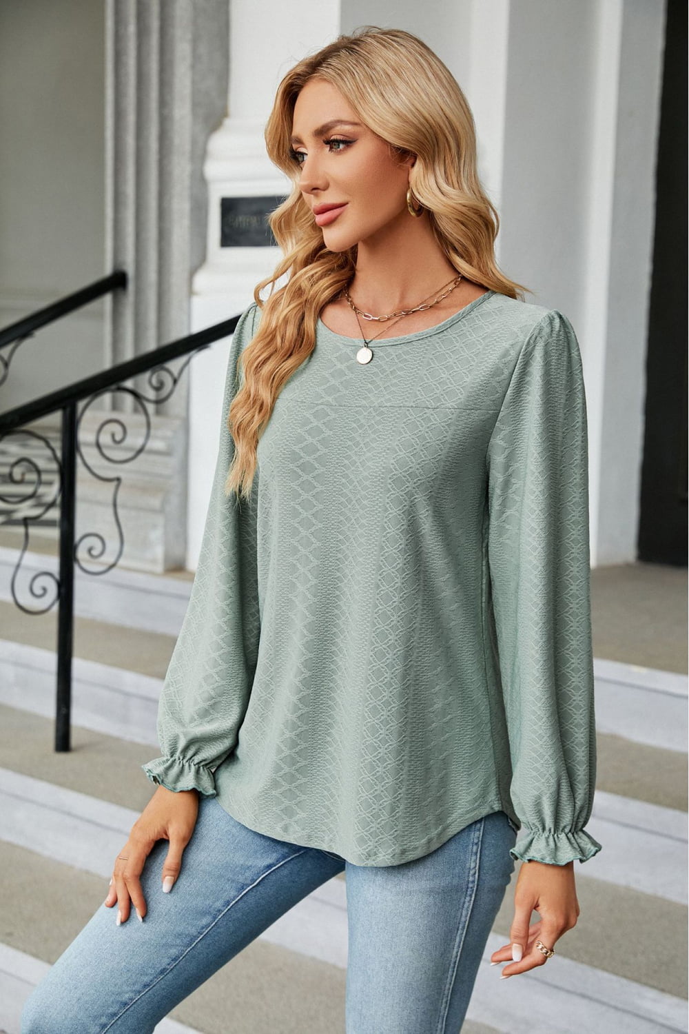 Round Neck Flounce Sleeve Blouse Fitggins