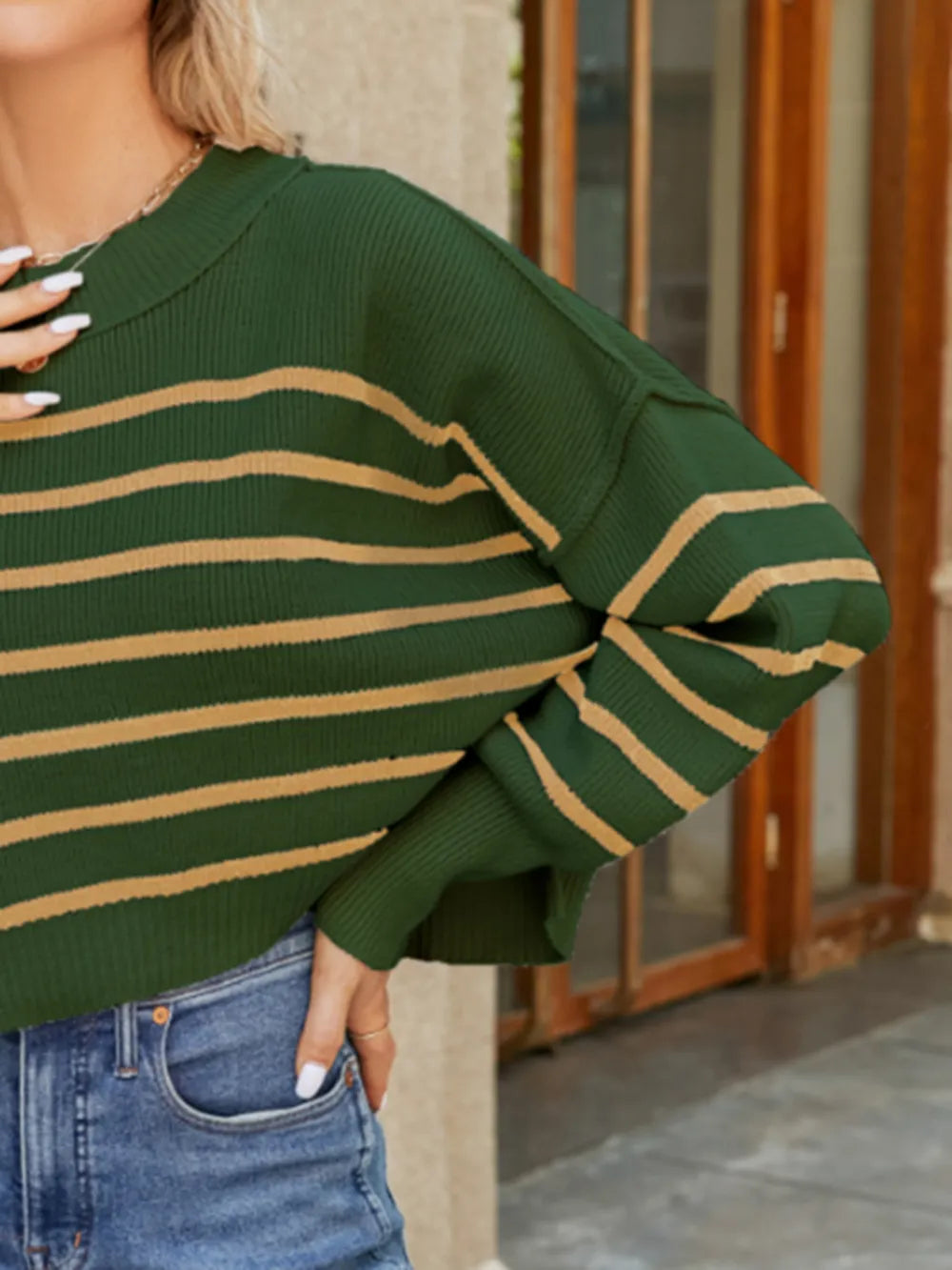 Round Neck Striped Lantern Sleeve Sweater Fitggins