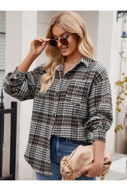 Mandy Pocketed Plaid Collared Neck Long Sleeve Shirt - Shirts - FITGGINS