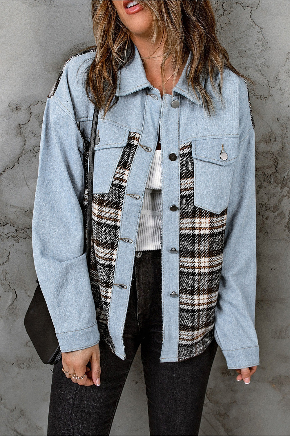 Plaid Pocketed Button Up Denim Jacket - Denim Jackets - FITGGINS