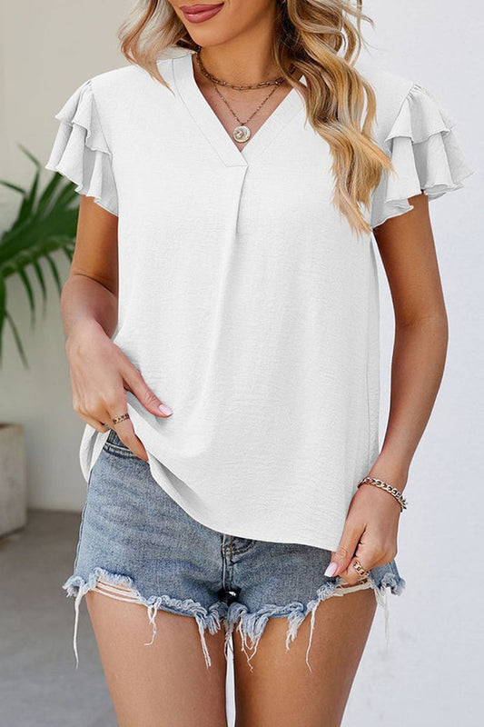 Ruffled V-Neck Short Sleeve Blouse - Blouses - FITGGINS