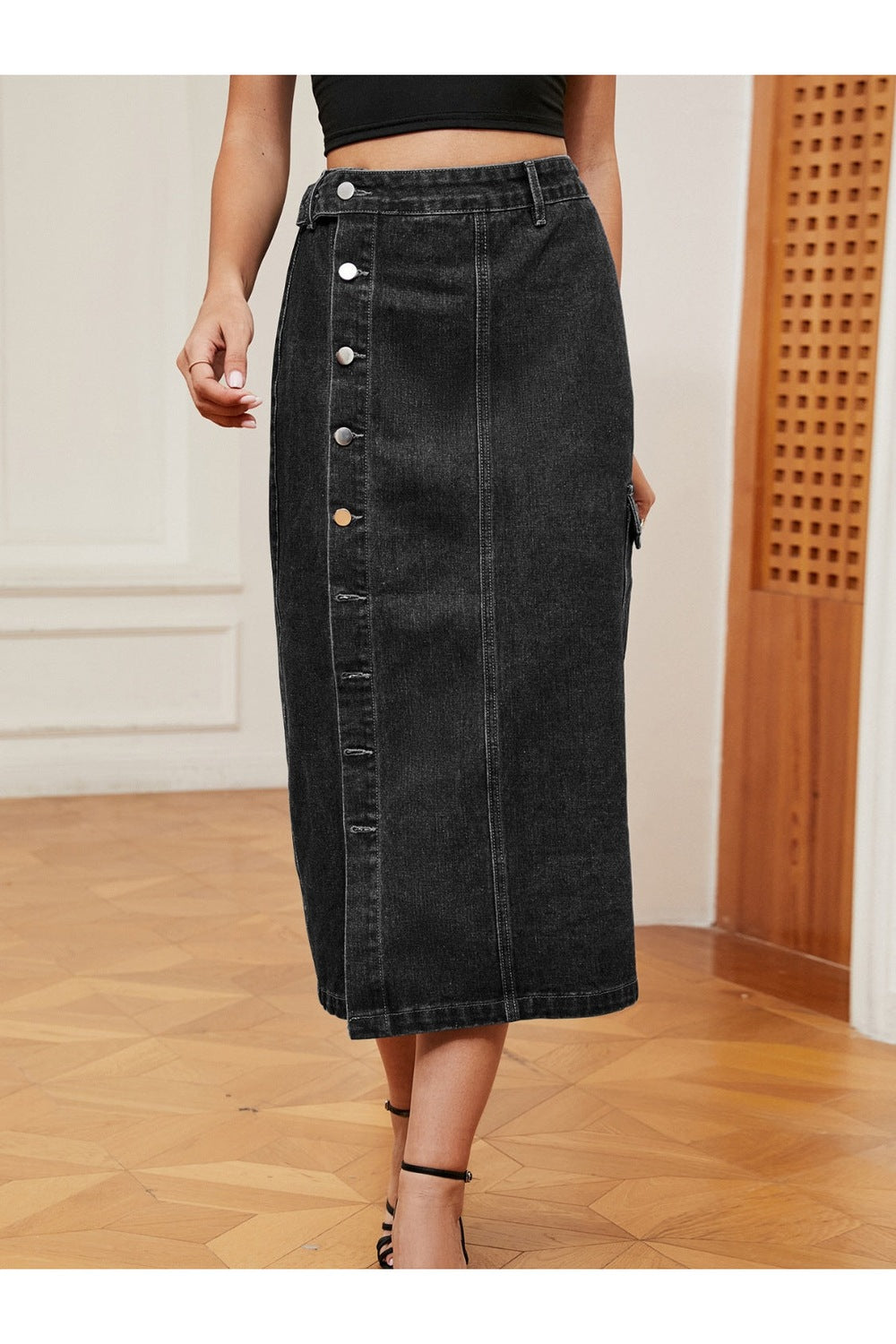 Button Down Midi Denim Skirt - Shirts - FITGGINS