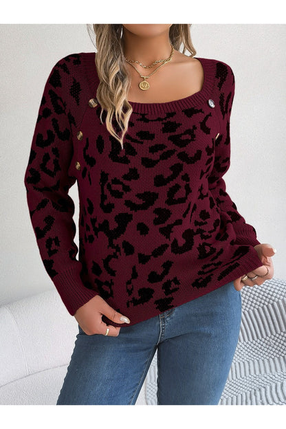 Leopard Buttoned Square Neck Sweater - Pullover Sweaters - FITGGINS