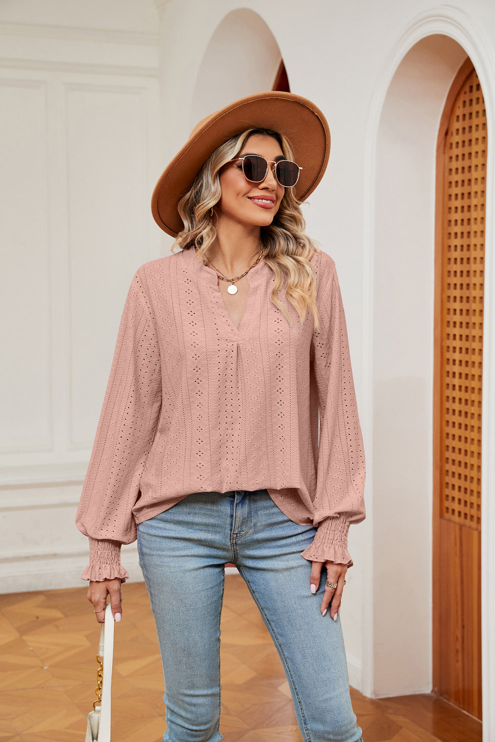 Notched Neck Flounce Sleeve Blouse Fitggins