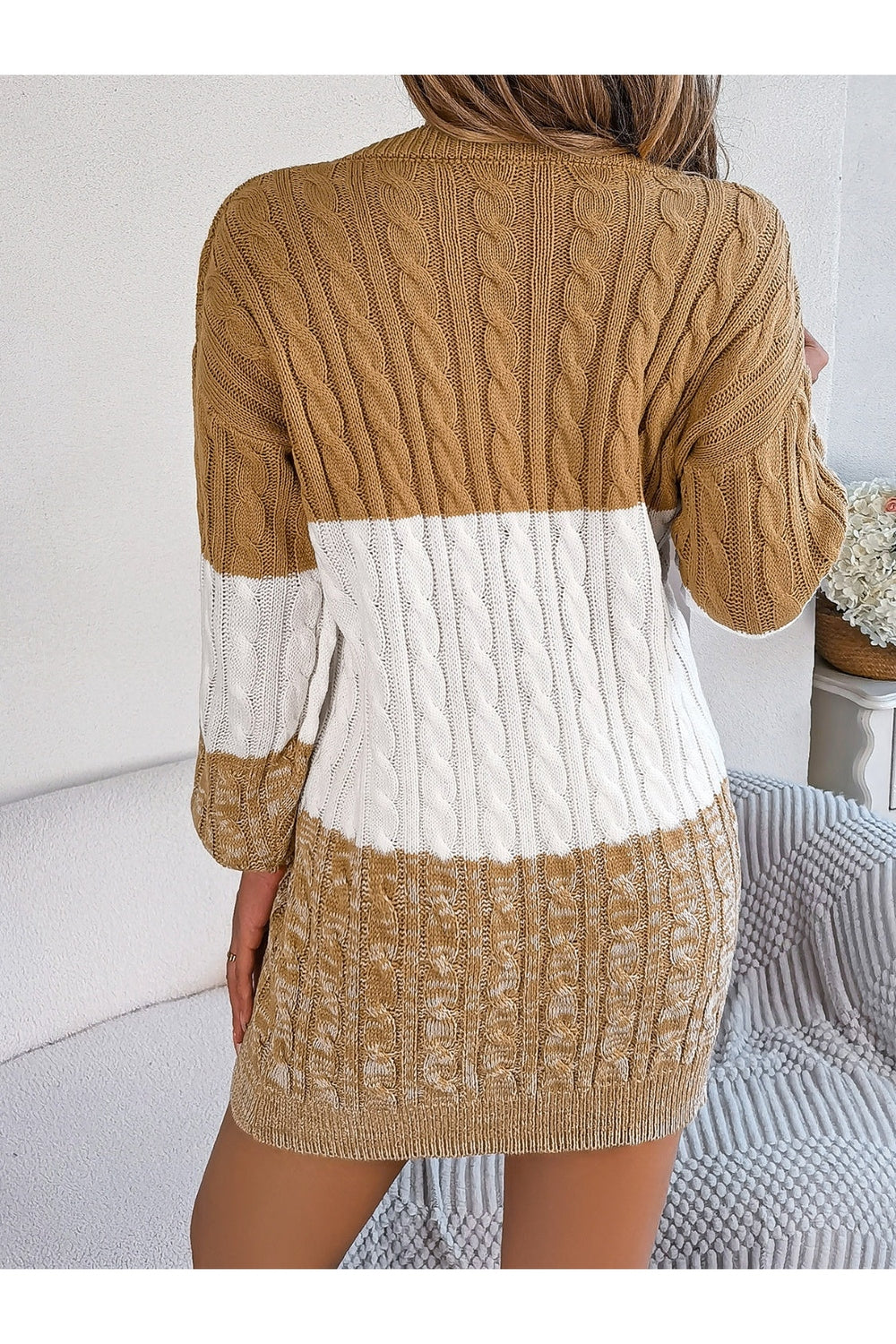 Cable-Knit Round Neck Color Block Sweater Dress - Sweater Dresses - FITGGINS