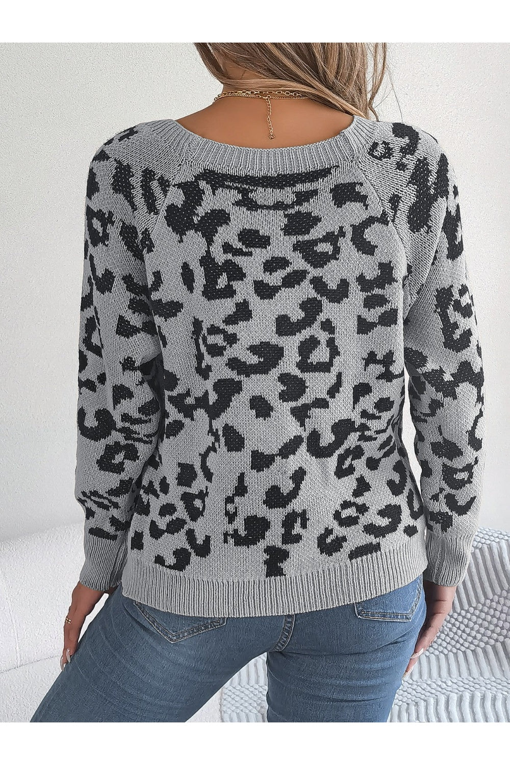 Leopard Buttoned Square Neck Sweater - Pullover Sweaters - FITGGINS