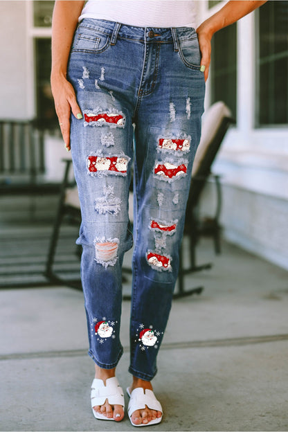 Santa Graphic Distressed Jeans with Pockets - Jeans - FITGGINS