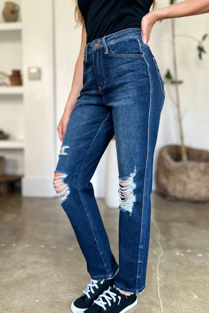 Judy Blue Full Size High Waist Rigid Magic Heavy Destroy Straight Jeans Fitggins