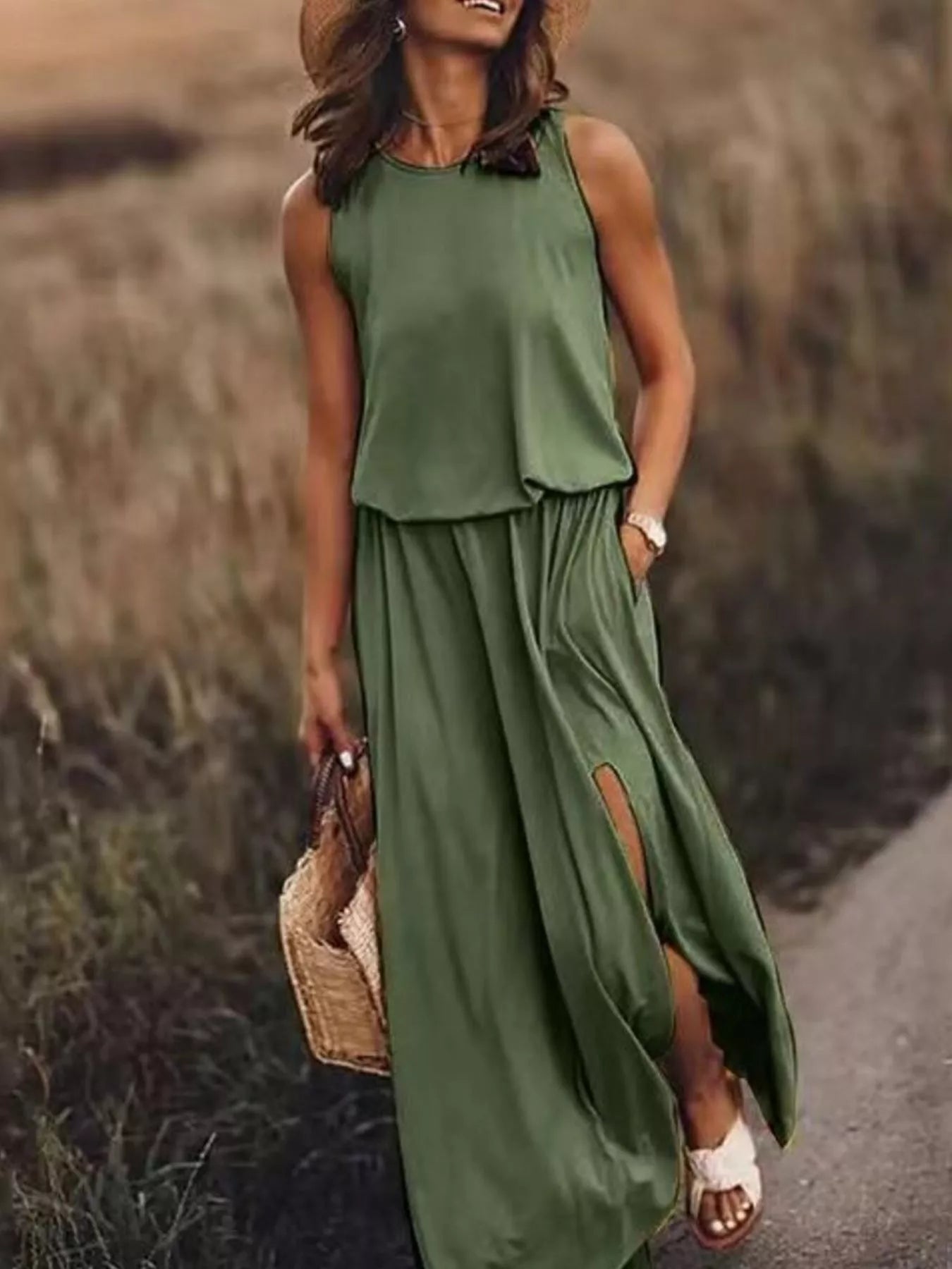 Full Size Round Neck Sleeveless Slit Maxi Dress Plus Size Dark Green Fitggins