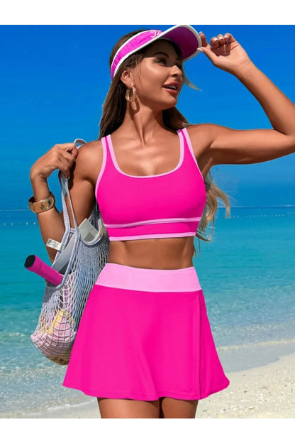 Playful Scoop Neck Top & Skort Swim Set Hot Pink Fitggins