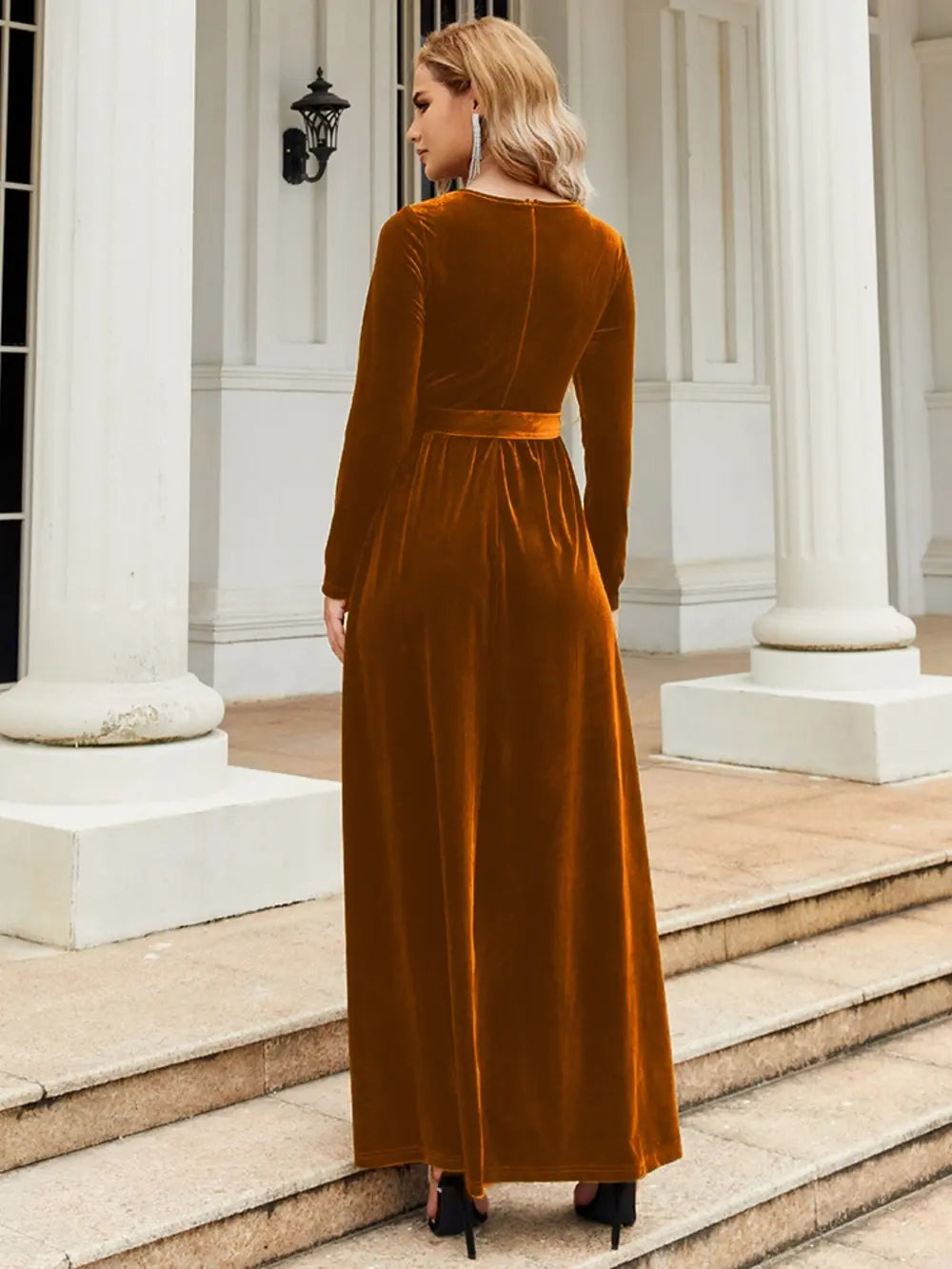 Tie Front Round Neck Long Sleeve Maxi Dress Fitggins