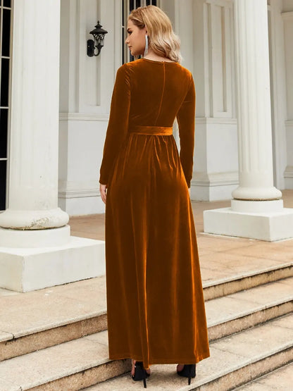 Tie Front Round Neck Long Sleeve Maxi Dress Fitggins