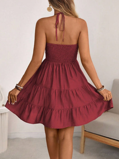 Smocked Halter Neck Tiered Dress Fitggins