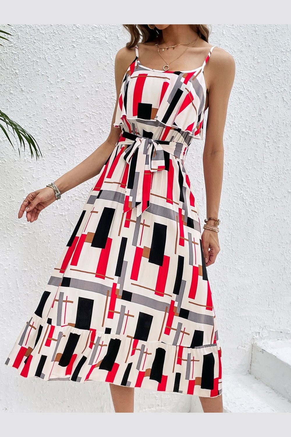 Ruffled Printed Tie Waist Midi Dress - Casual & Maxi Dresses - FITGGINS