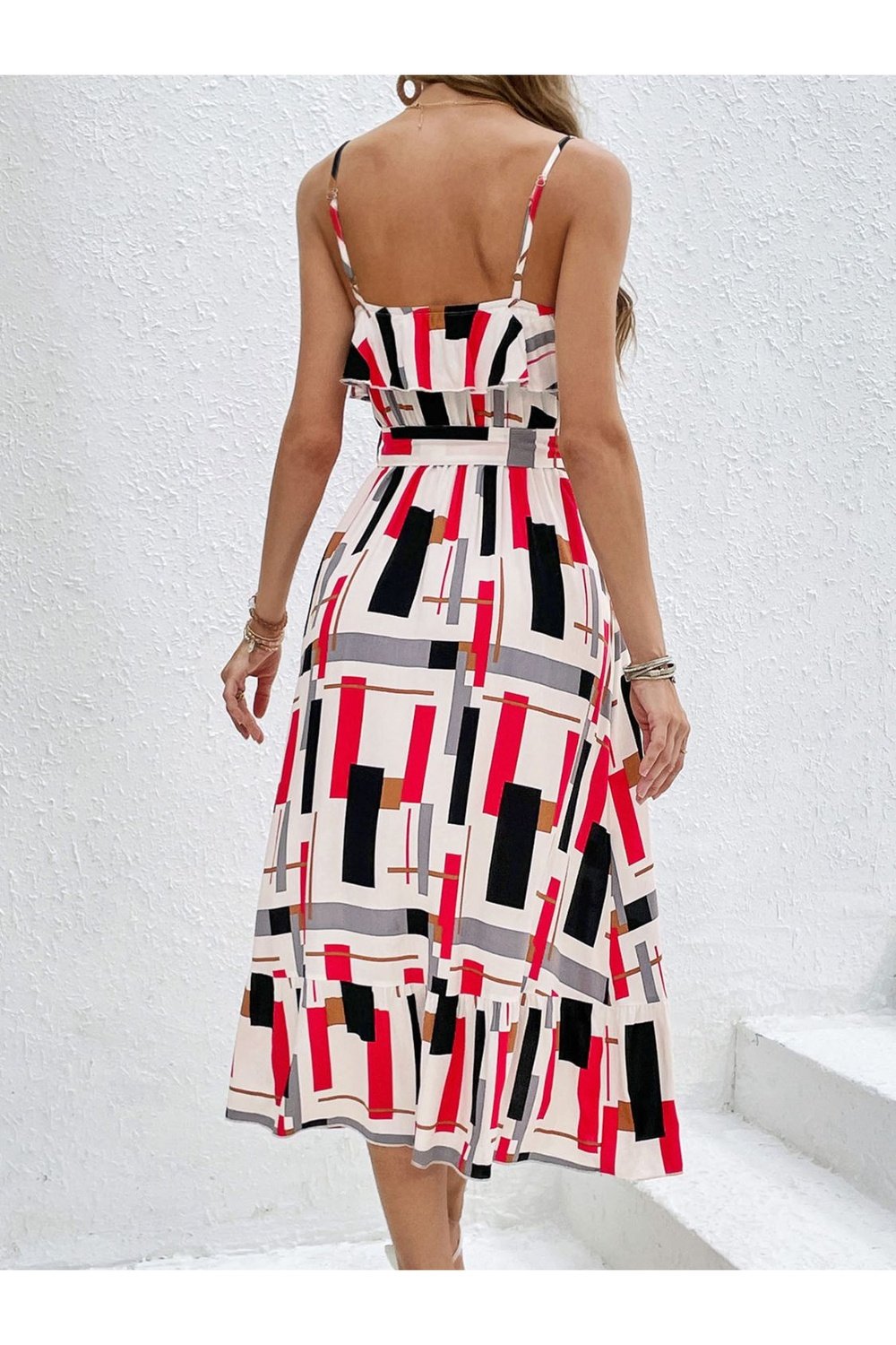 Ruffled Printed Tie Waist Midi Dress - Casual & Maxi Dresses - FITGGINS