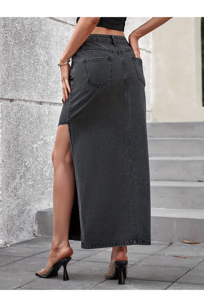 Slit Midi Denim Skirt with Pockets - Shirts - FITGGINS