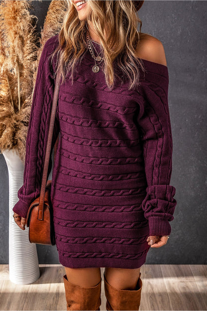 Cable-Knit Boat Neck Sweater Dress - Sweater Dresses - FITGGINS