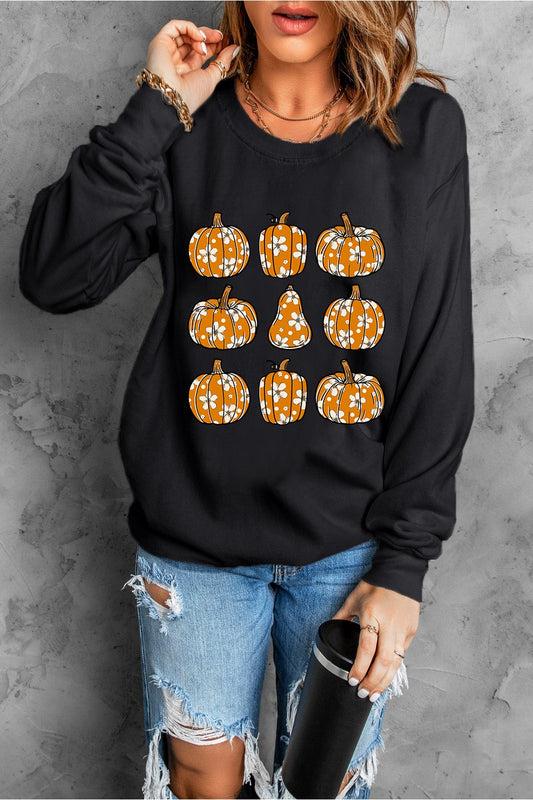 Pumpkin Round Neck Long Sleeve Sweatshirt - Sweatshirts & Hoodies - FITGGINS